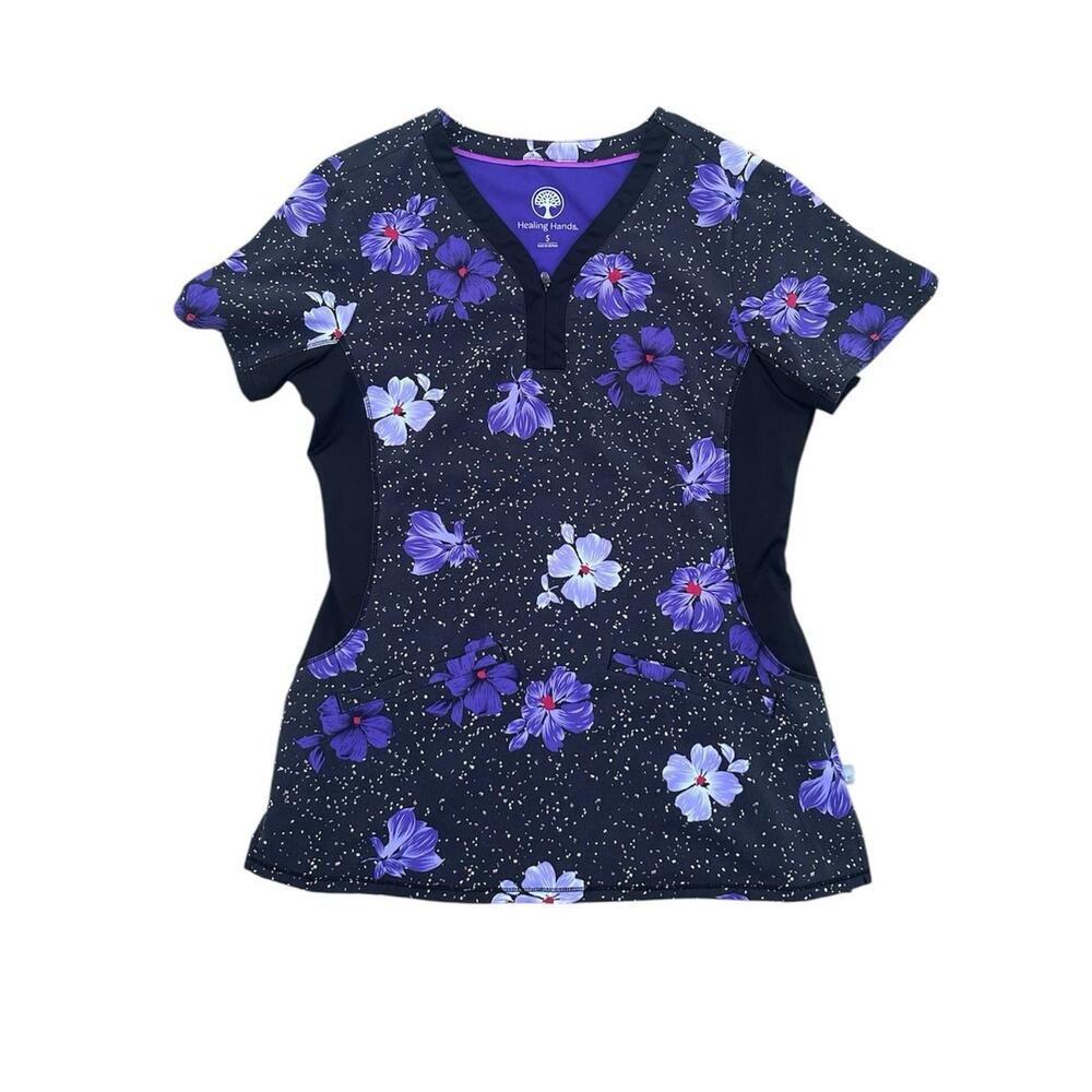 Healing Hands S scrub top purple floral flower shirt small black hospital RN CNA